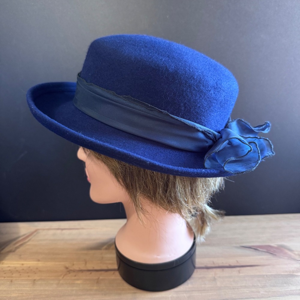 Vintage 80s Royal Blue Ladies Luncheon Tea Party Wool Rimmed Hat chiffon bow